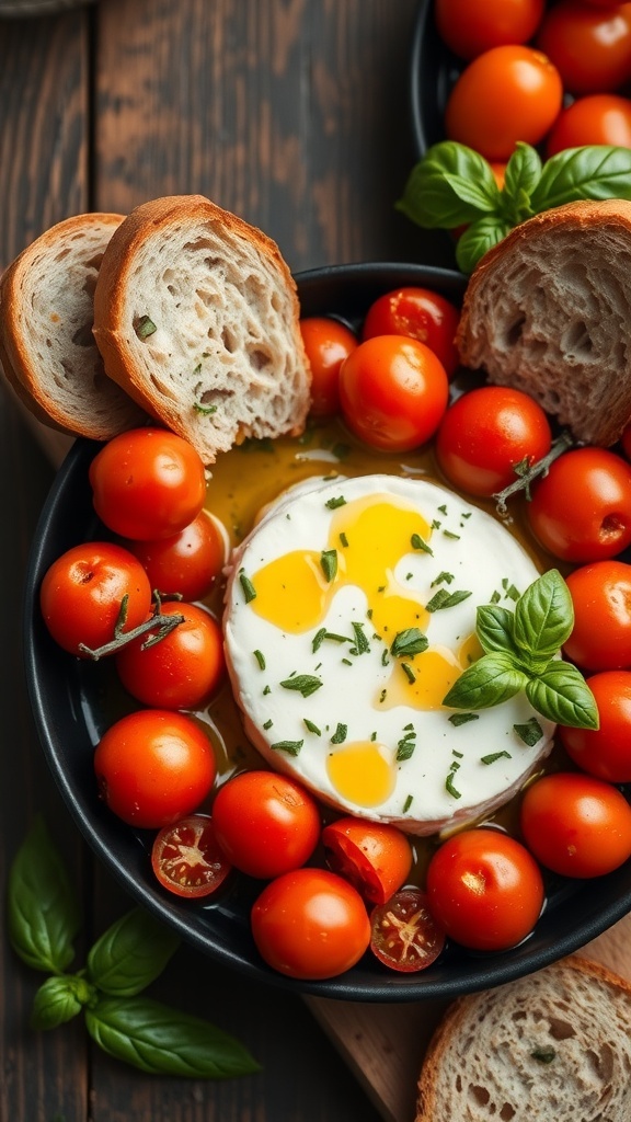 Baked Feta with Herbs and Tomatoes Baked feta cheese with cherry tomatoes and herbs, served with crusty bread on a rustic table.